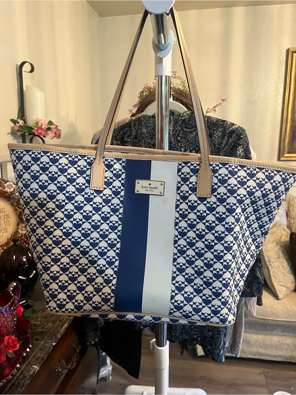 kate spade Navy and Tan Geometric Stripe Tote